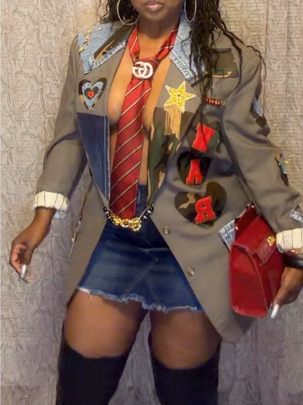 Upcycled Dior Patchwork Brown Blazer with Camouflage & Denim Accents - Picture 8 of 12